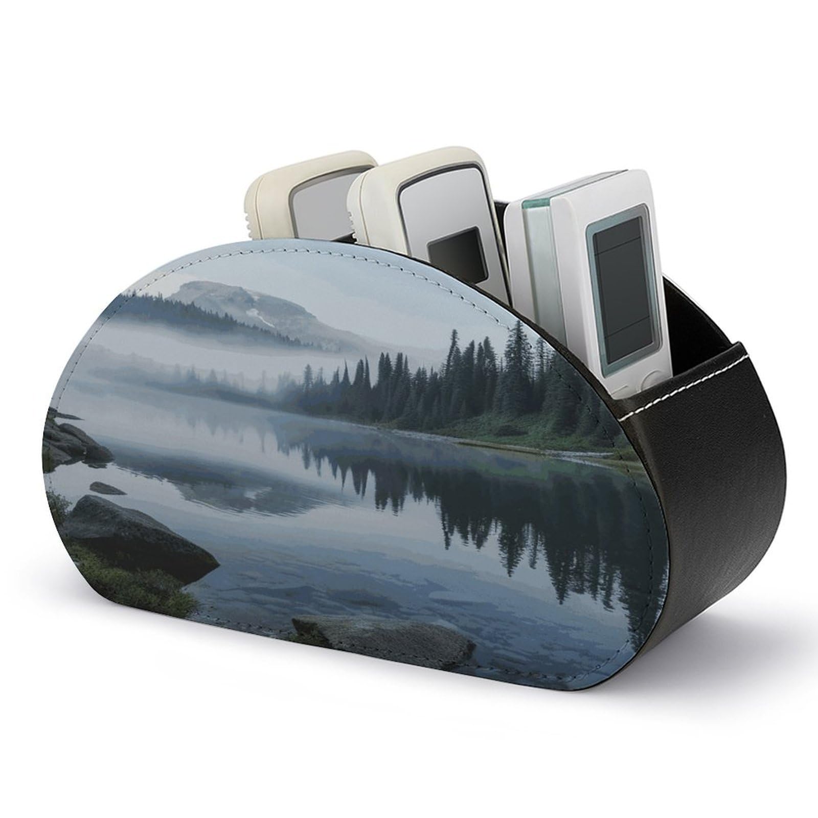 JTREHY Foggy Lake by Mount Rainier Remote Control Holder 5 Compartments Remote Caddy Tray PU Leather TV Remoter Storage Box Bedside Table Storage Organizer Office Desk Storage Case