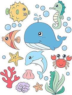 GARVALON 1 folha de adesivos de parede de banheiro infantil decoração de quarto de crianças adesivos de parede para crianças adesivos de vidro adesivos de azulejos de berçário de animais de desenho animado decoração de parede de animais marinhos adesivo