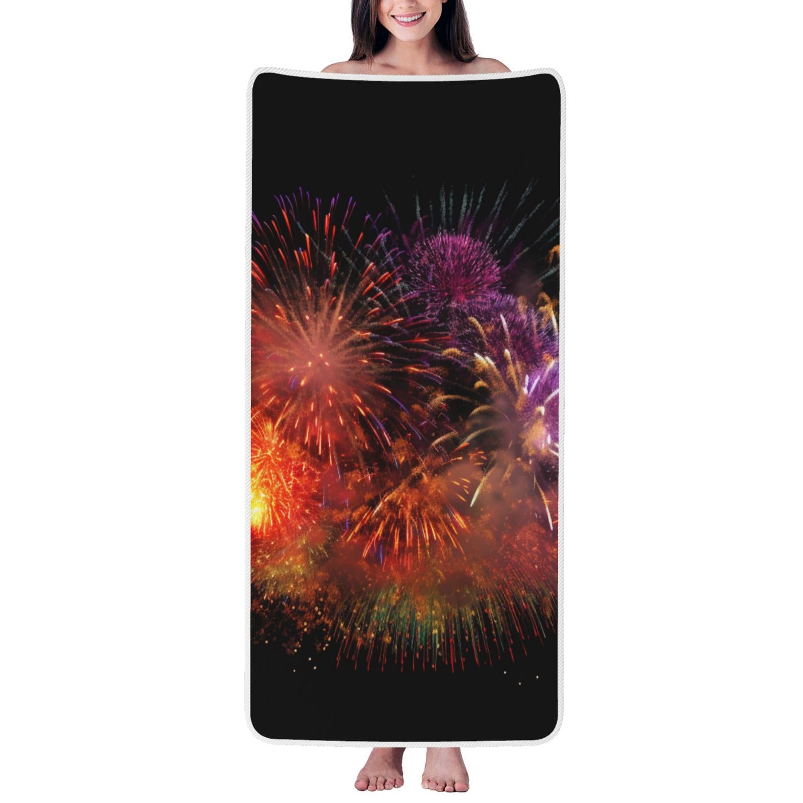 WPKJU Explosion Firework 3D Printed Bath Towel with White Edging - 27x55 in Soft Extra Absorbent Coral Velvet Shower Towels for Bathroom
