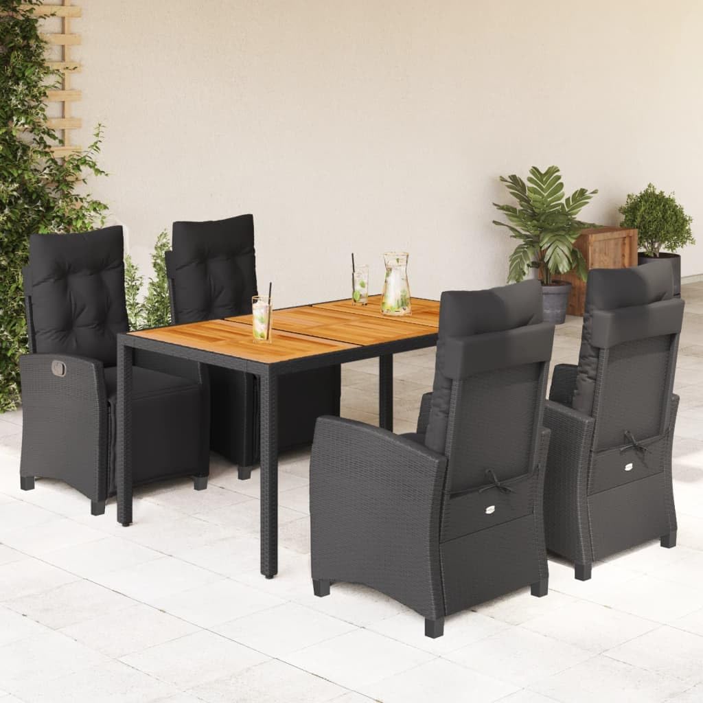 5 TLG. Grupo de comedor de jardín negro, ratán poli con almohada, sillas ajustables, mesas de madera de acacia, para terraza al aire libre