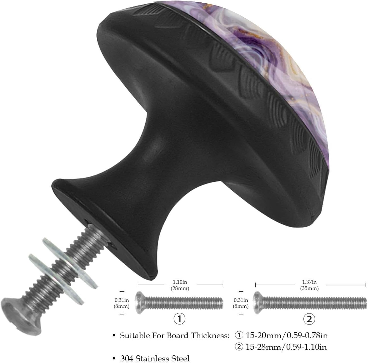 Black Base Purple and Gold Marble Texture (3) Glass Cabinet Knobs, Practical Drawer Pulls for Kitchen Cabinet Bathroom