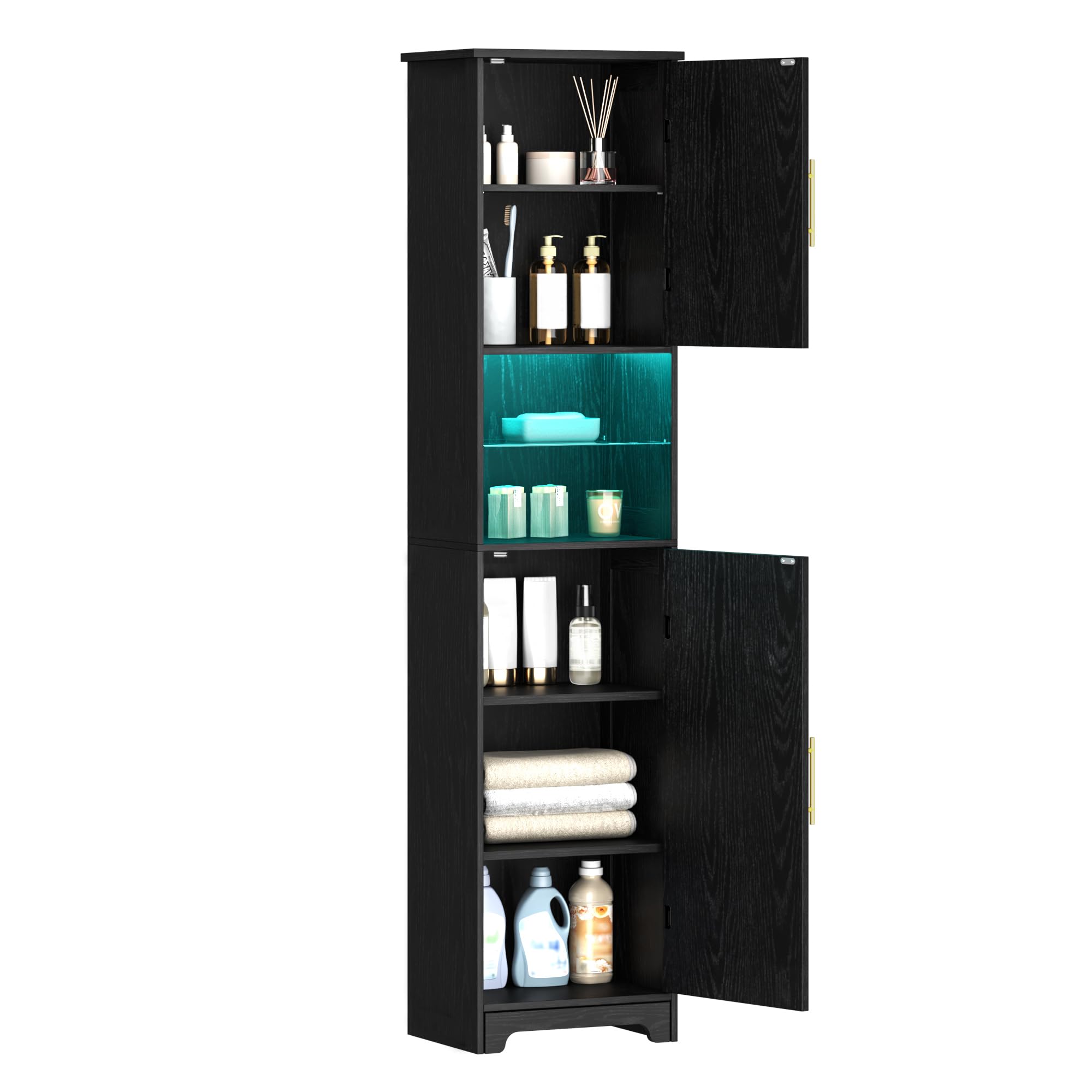 Hzuaneri Armario Alto de Baño con iluminación LED Regulable y 2 Puertas, Mueble Alto con Espacio Abierto, estantes Regulables, salón, baño, 30 x 40 x 170 cm, Negro SC28204X