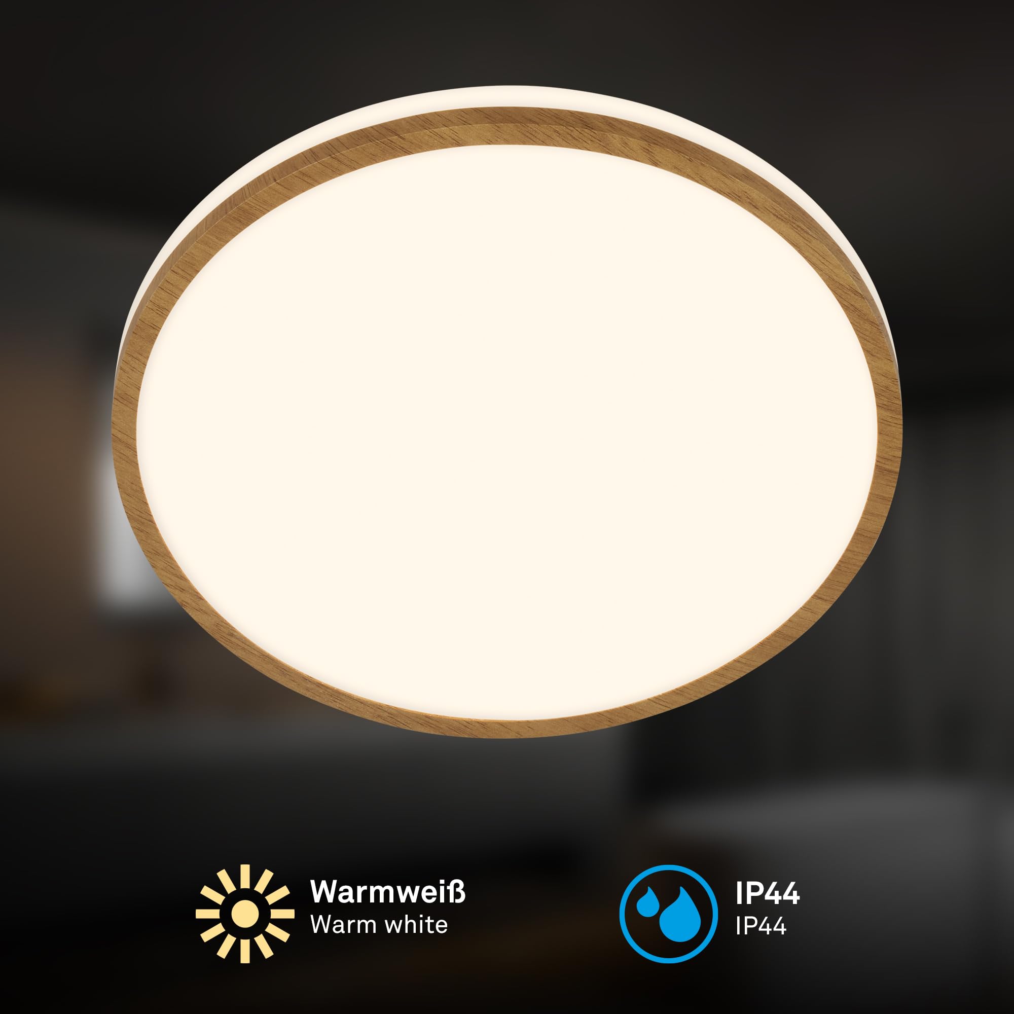 Briloner - Plafon led techo baño con color de luz blanco cálido, IP44 protección contra salpicaduras de agua, 12W, 1200lm, lampara techo, lampara baño techo, 28 x 7 cm, madera blanca