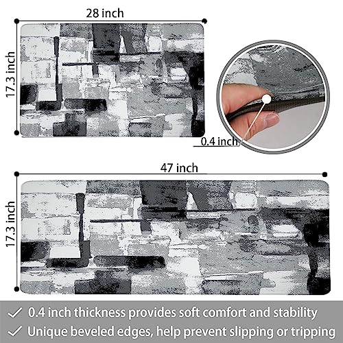 Black Grey Kitchen Rugs Mats Set 2 Pieces Abstract Modern Art Cushioned Anti-Fatigue Kitchen Rug Waterproof Non Slip Comfort Heavy Duty Standing Floor Mat Carpets For Kitchen Laundry, 17"X47"+17"X28" #TOP1