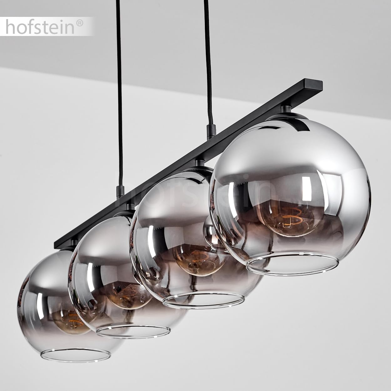 Pendelleuchte Koyoto, Hängelampe aus Metall/Glas in Schwarz/Chromfarben/Klar, Hängeleuchte im Retro/Vintage-Design mit Glasschirmen (Ø 20 cm), 4-flammig, Höhe max. 116,5 cm, 4 x E27, ohne Leuchtmittel