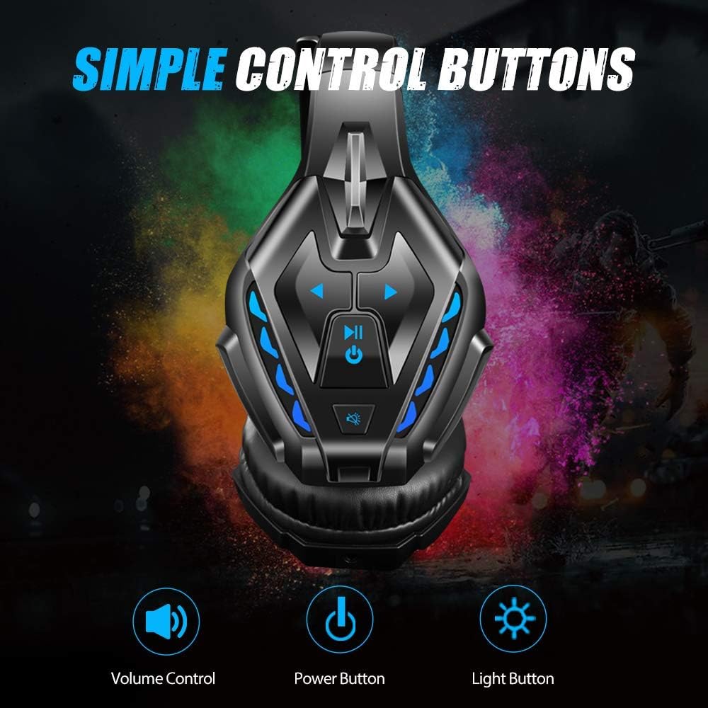 PHOINIKAS Gaming-Headset mit Abnehmbarem Mikrofon mit Geräuschunterdrückung, Bluetooth nur für Mobiltelefone, 3,5-mm-Audiokabel für PS4/PS5/Xbox One/PC/Switch, 40 Stunden Akkulaufzeit, LED-Licht