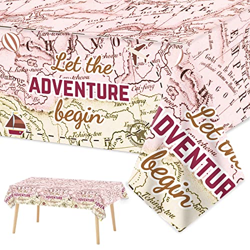Image of 3 PCS Adventure World Awaits Party Decorations for Graduation Exploring Travel Tablecloths Plastic Disposable Bon Voyage Party Table Covers for Retirement Birthday Adventure Party Supplies Favors