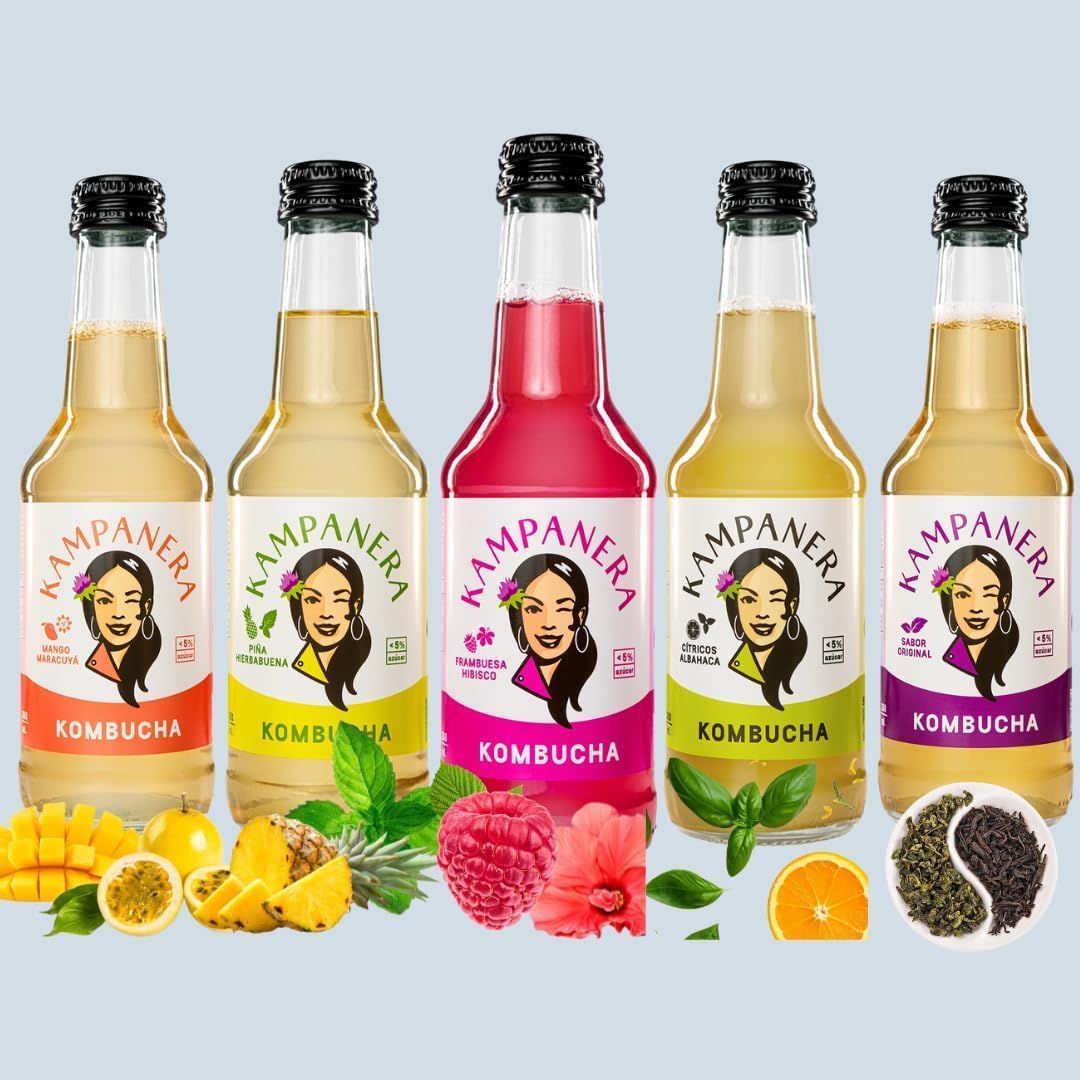 Kampanera - Pack Mix Kombucha 5 Estrellas -12 Botellas de 250 ml - Kombucha Natural - Bebida Fermentada - Té Verde y Negro - Sin Azúcar Añadida - Baja Carbonatación - Artesanal