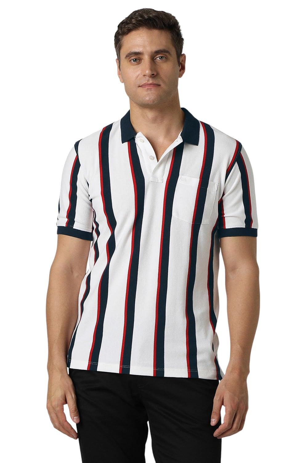 Peter England Men's 100% Cotton Vertical Striped Polo Shirt – Casual Wear | Sleek & Comfortable