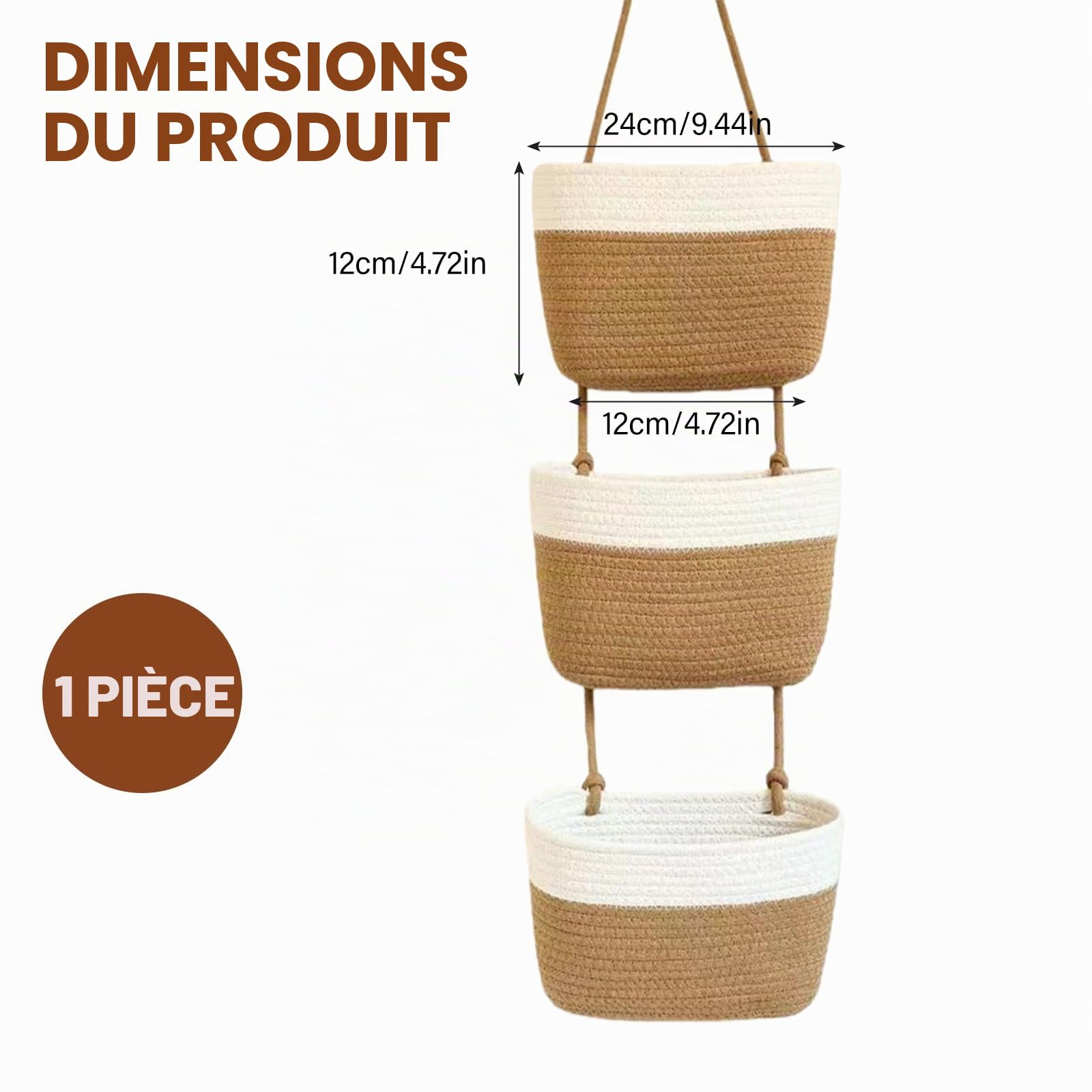 anier à Suspendre 3 Niveaux, Panier à Suspendre en Corde de Coton, Panier Mural Osier pour Salle de Bain, Cuisine et Chambre, Over the Door Storage, Marron Clair