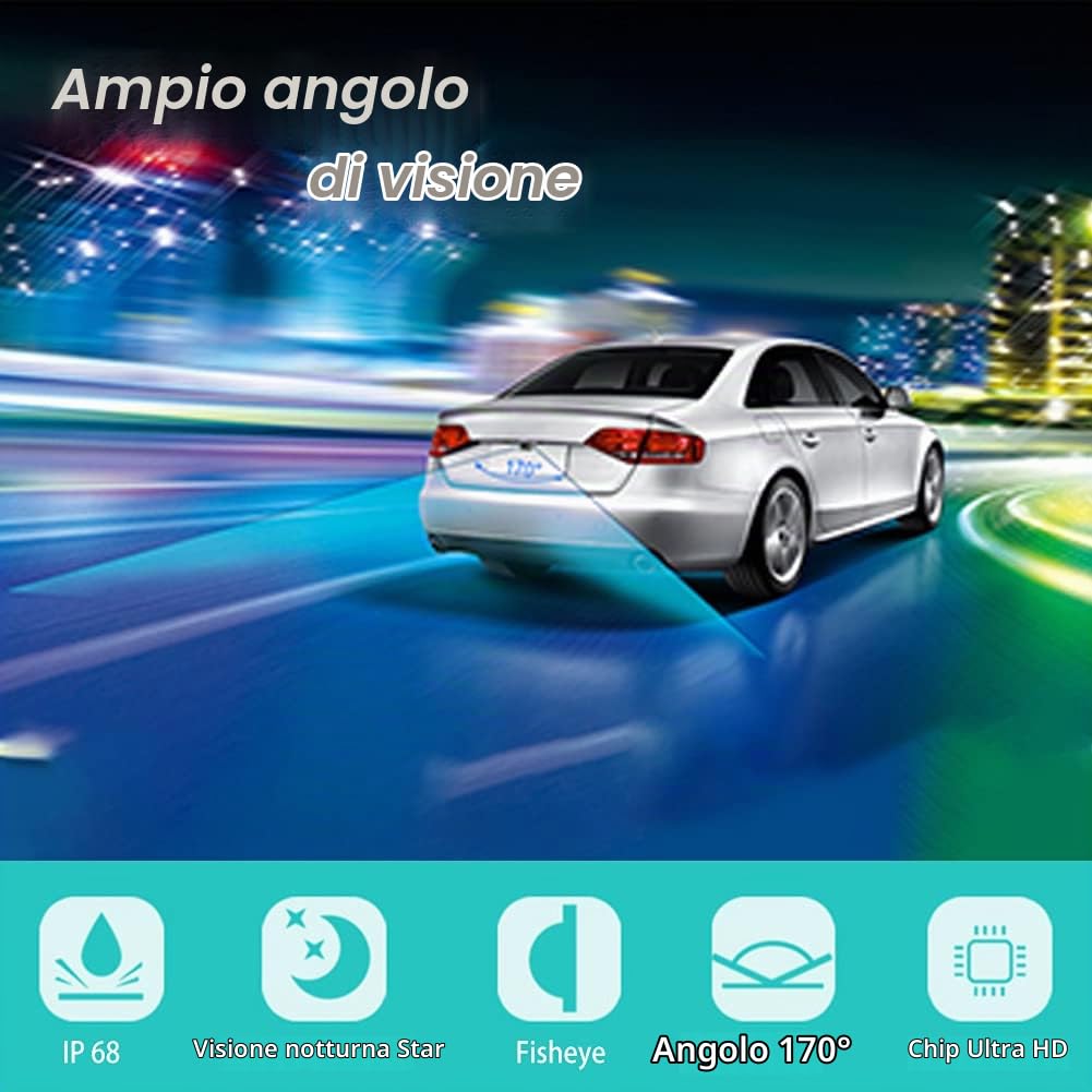 Telecamera retromarcia per auto, obiettivo fisheye HD 170 gradi Starlight visione notturna per camioncini, SUV, camper, furgoni (nero)