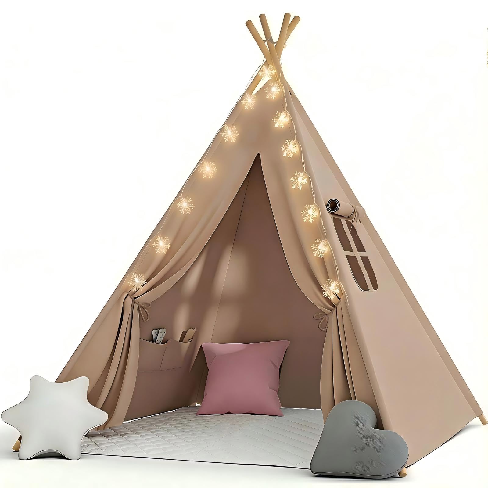 Teepee Tent for Kids: Play Tent for Girls Boys with Padded Mat Cotton Teepee with Lights Carry Bag Throw pillows * 3 (Khaki, Kids tent-set)