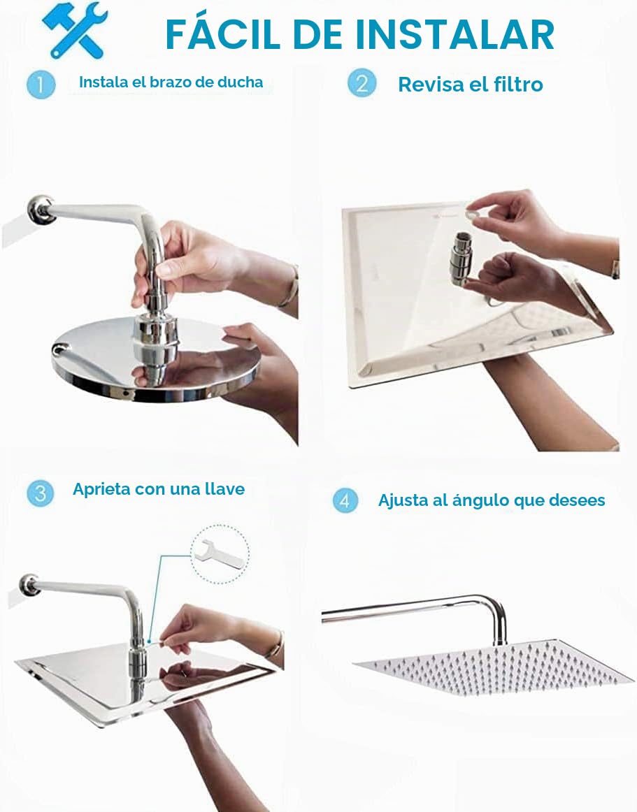 Rociador para Ducha Cuadrado, Alcachofa de Ducha de Acero Inoxidable, cabezal ducha lluvia grande, Plata, 12 Pulgadas, Diámetro de 30 cm