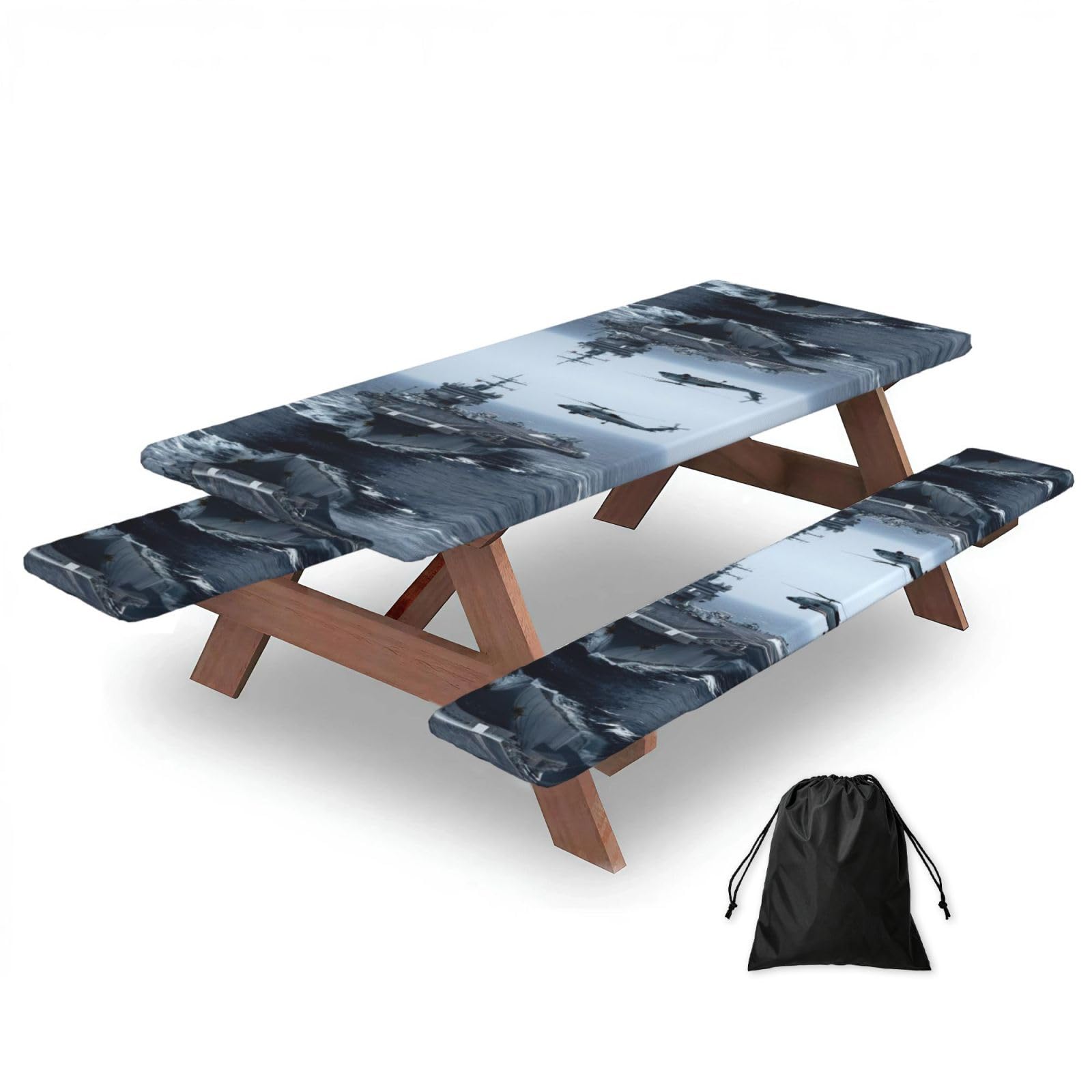 Zyjhyy Black Aircraft Carrier Print 3 Pack Wipeable Picnic Bench Cover And Table Cover Lightweight Table Cloth For Camping Outdoor