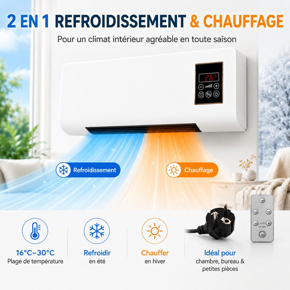 Epicooler Climatiseur - élément de Design Pour Circulation d'air, Climatiseur Mural Sans évacuation Avec Télécommande, Compagnon 4 Saisons, Fixation Simple, Gain de Place (1pcs)