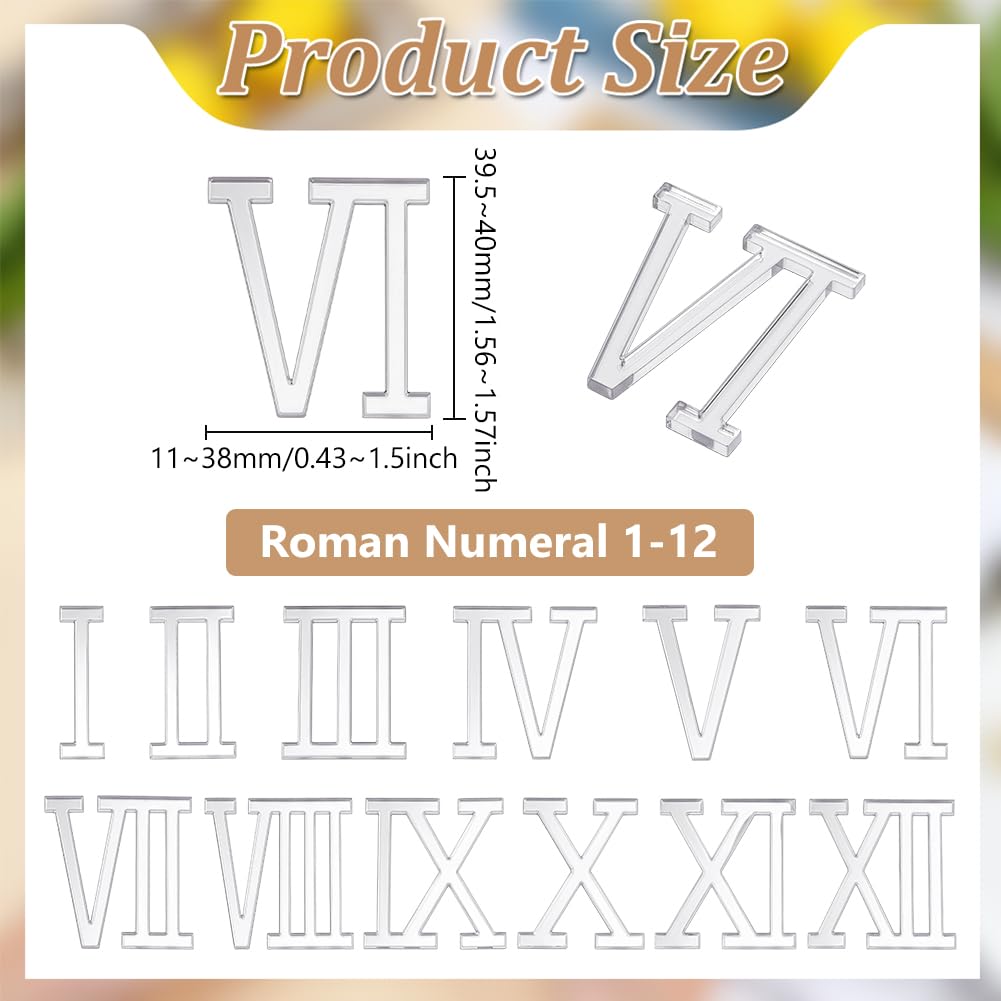 BENECREAT Set di 12 Numeri Romani in Acrilico per La Realizzazione di Orologi Da Parete Fai Da Te, Kit di Numeri Da 40 mm per Decorazioni Domestiche e Progetti Artigianali, Argento