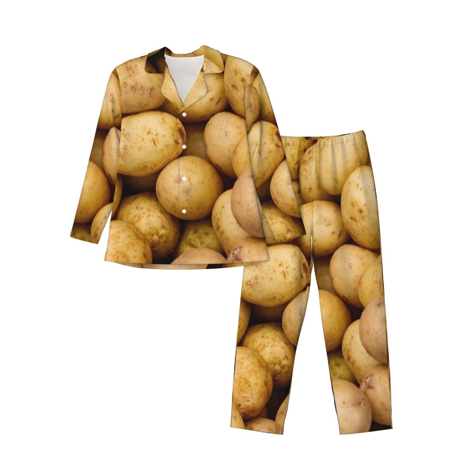 Limpac Men's Black Garden Potatoes Print Pajamas Sleepwear Set, Soft Long Sleeve Button Dow Loungewear With Pockets, M