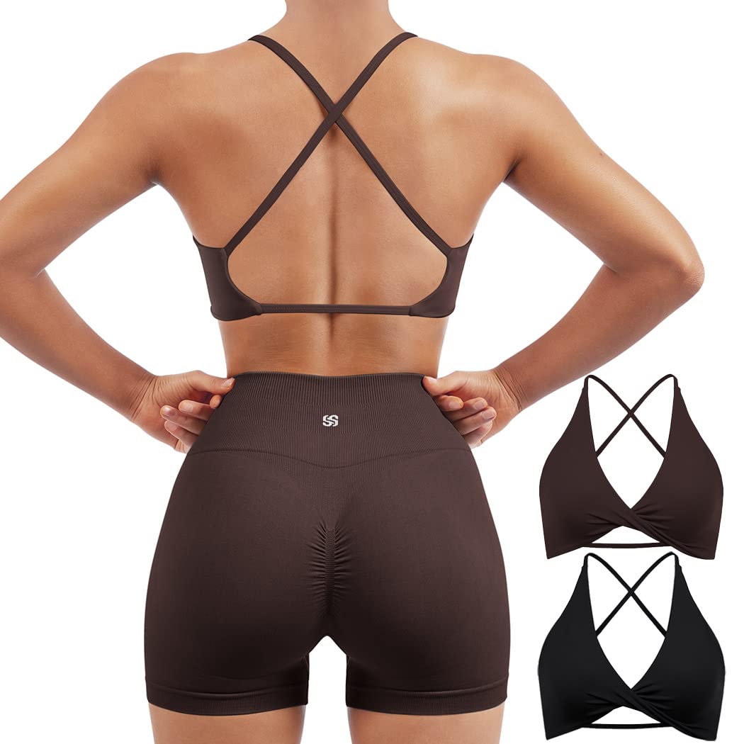 SUUKSESS Women 2 Piece Open Back Strappy Sports Bra Pack Twist V Neck Workout Crops