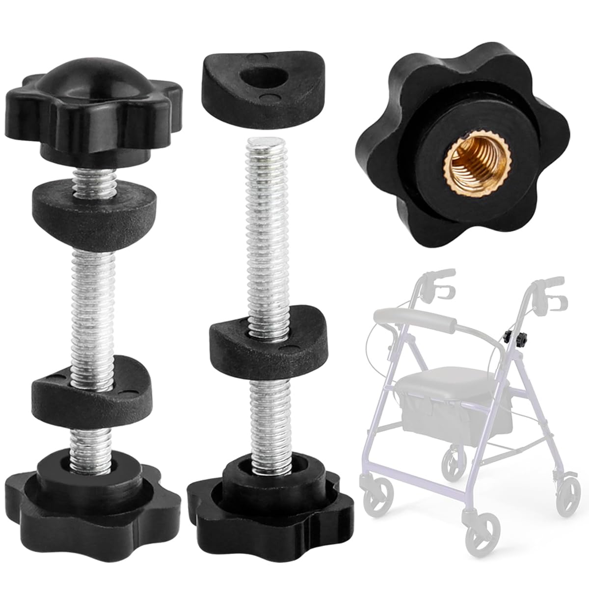 Wolfride 2 Sets Rollator Walker Replacement Knobs M6, Drive Rollator Replacement Arm Adjustment Knobs T-Bolt Screw Knobs with Washer