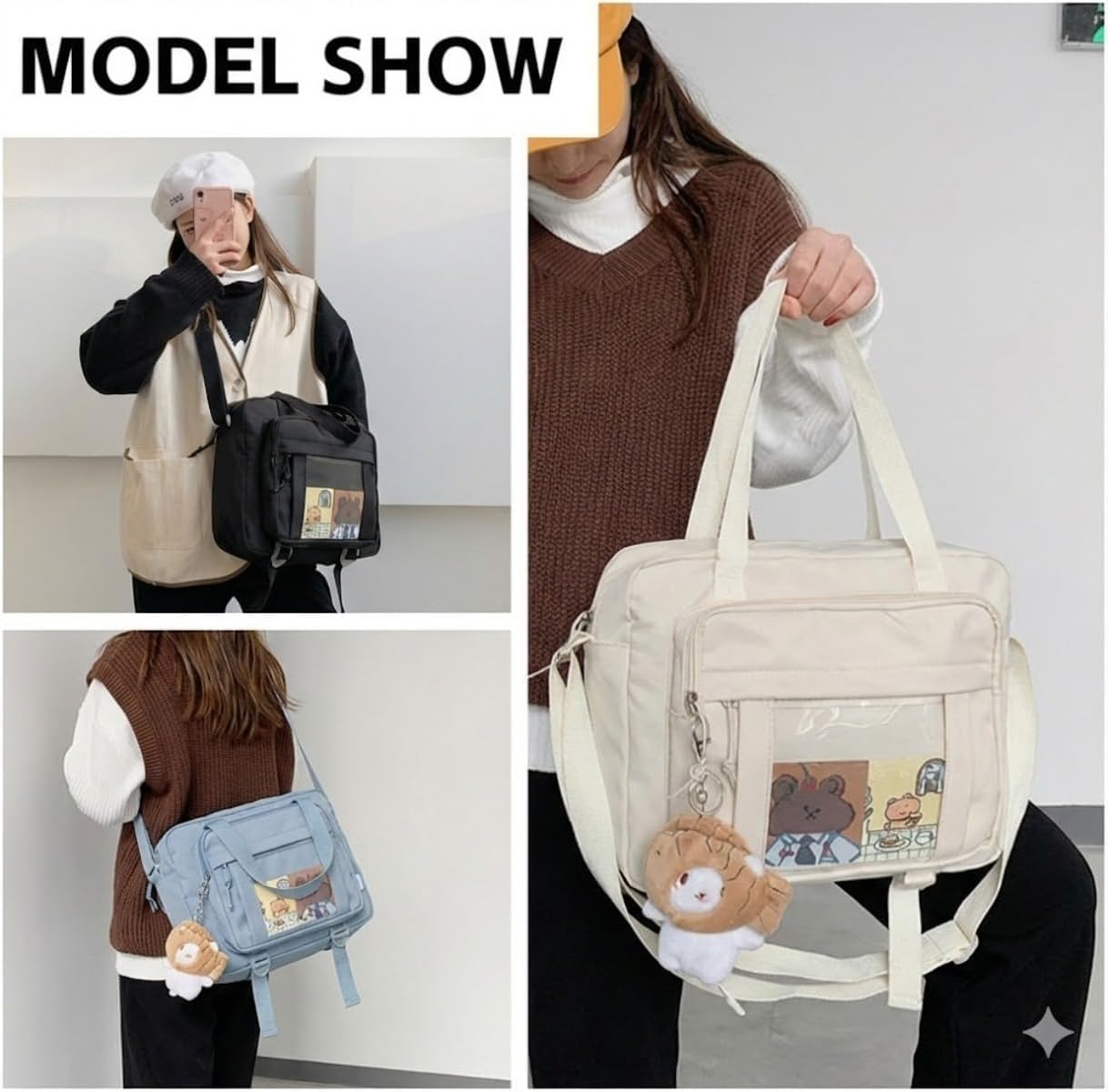 Kawaii Crossbody Ita Bag for Women with Pin & Plush Bear - Japanese Messenger Bags Y2K Shoulder Purse