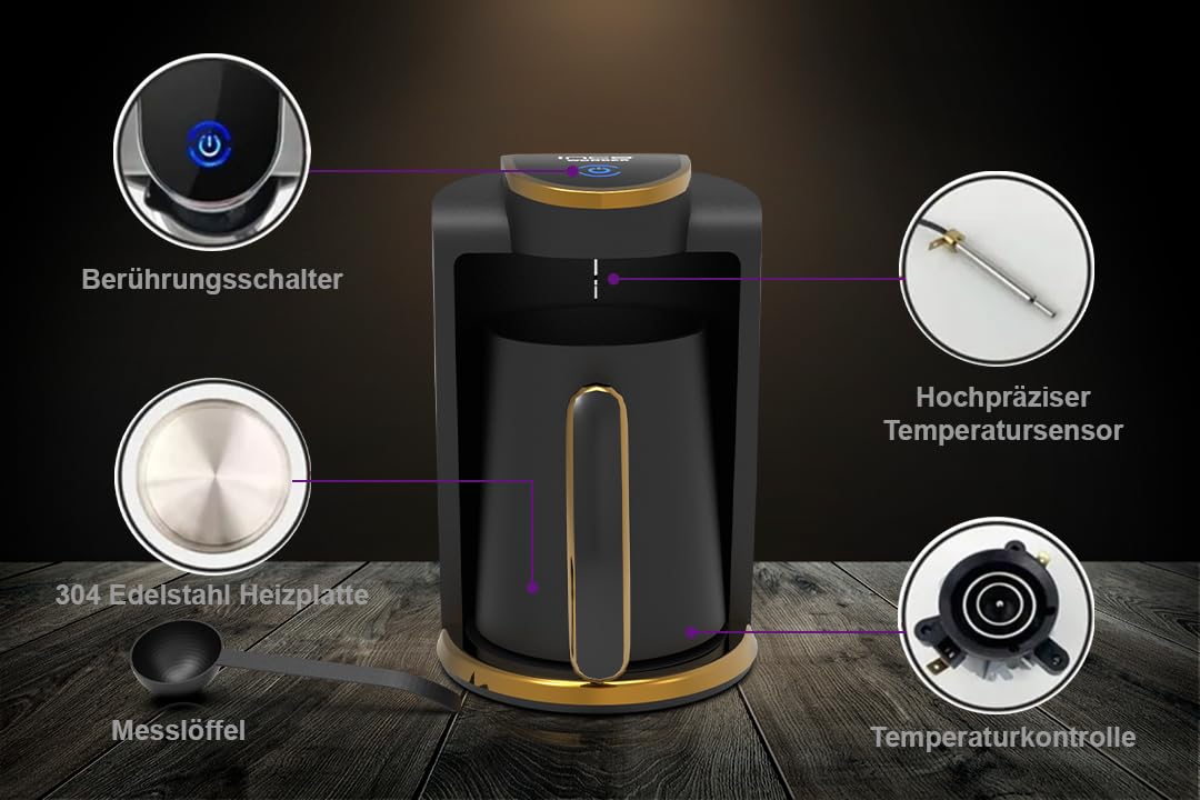 İnca IKM-01 Türkische Kaffeemaschine, Türk Kahve Makinesi, 250ml (1-4 Tassen), 400W, Überlaufschutz & Trockengehschutz, Edelstahlheizplatte, Automatische Abschaltung, Für Perfekten Mokka