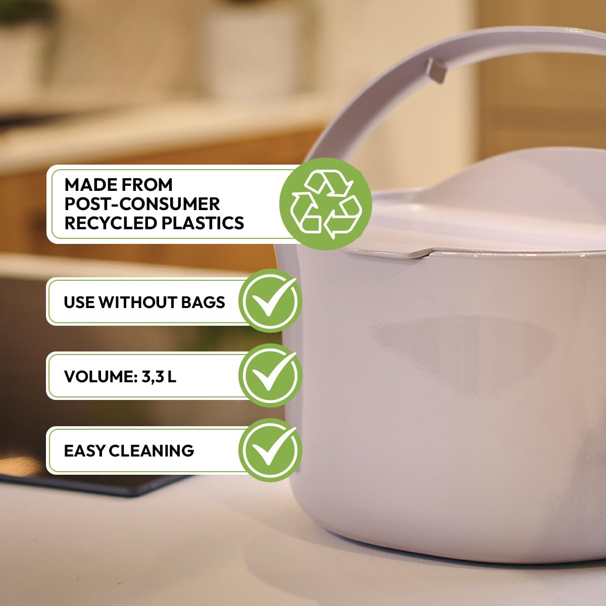Skaza Organko Daily Poubelle à Compost 3,3L – Petite Poubelle de Cuisine avec Couvercle, Plastique Recyclé, Cappuccino