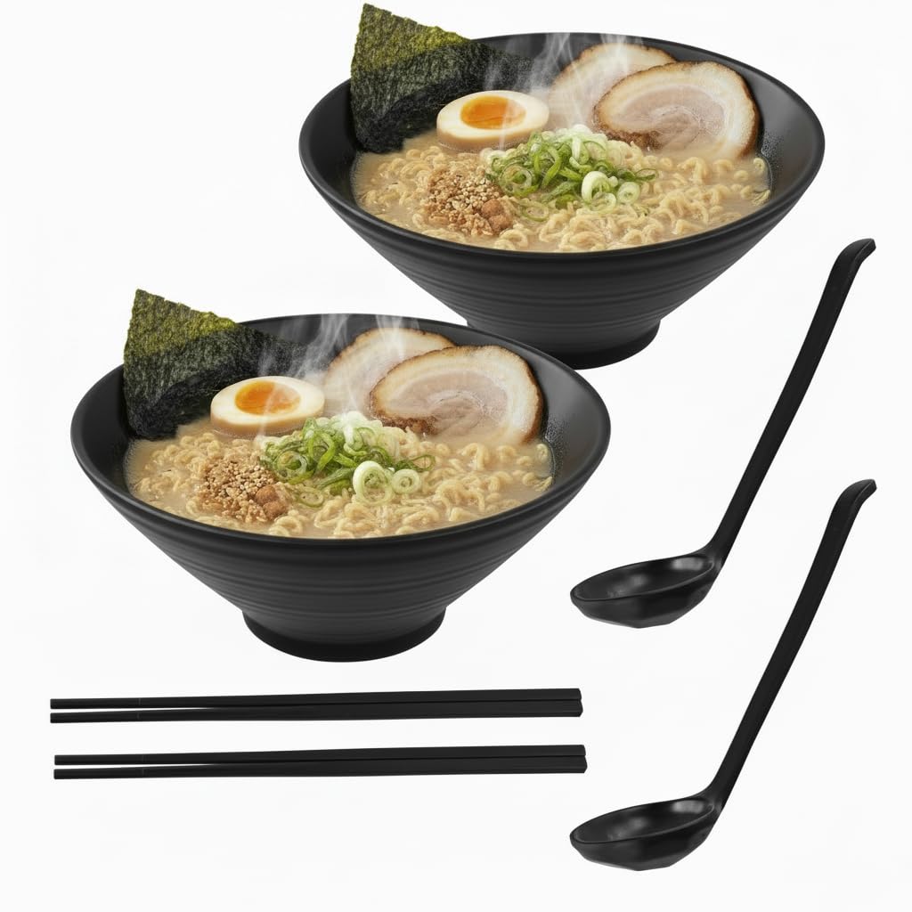 2 Set Ciotole Ramen Bowl Giapponesi per Ramen, 1000ml, Con Bacchette E Cucchiaio, Adatte per Insalate, Udon, Soba, Pho, Pasta e Zuppe Asiatiche