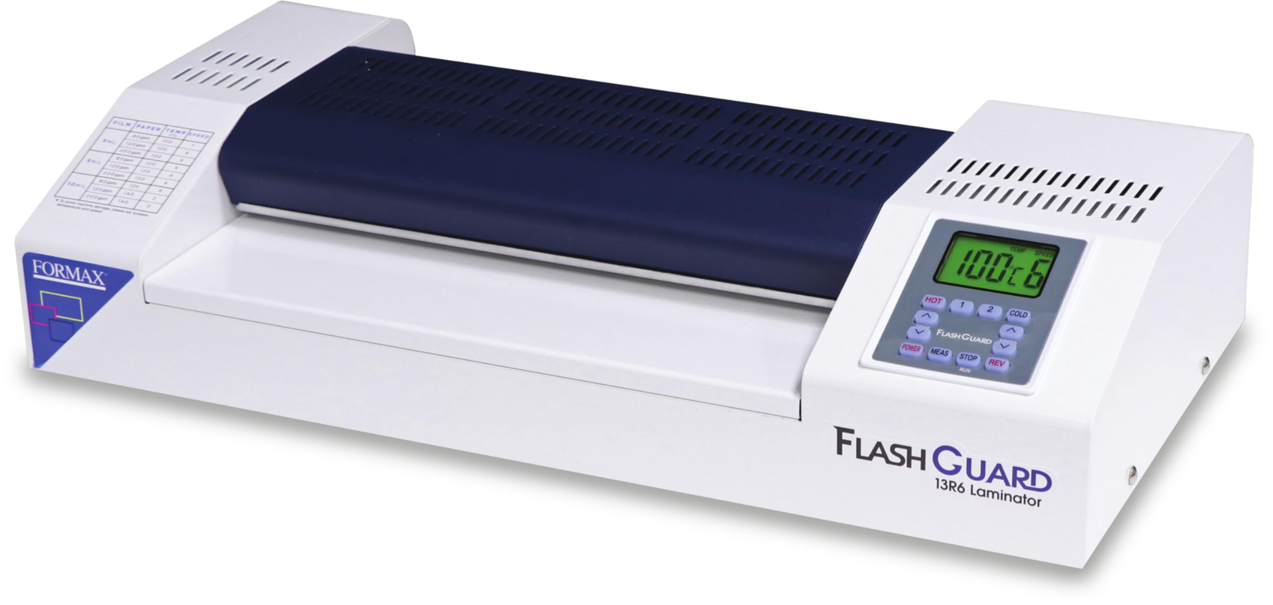 Formax FlashGuard 13R6 Laminator; 1500W; 110-120V, 50/60Hz; 15A; Heavy-Duty 6 Roller System; All-Metal Construction; Graphics-Based LCD Screen; Variable Temperature and Speed