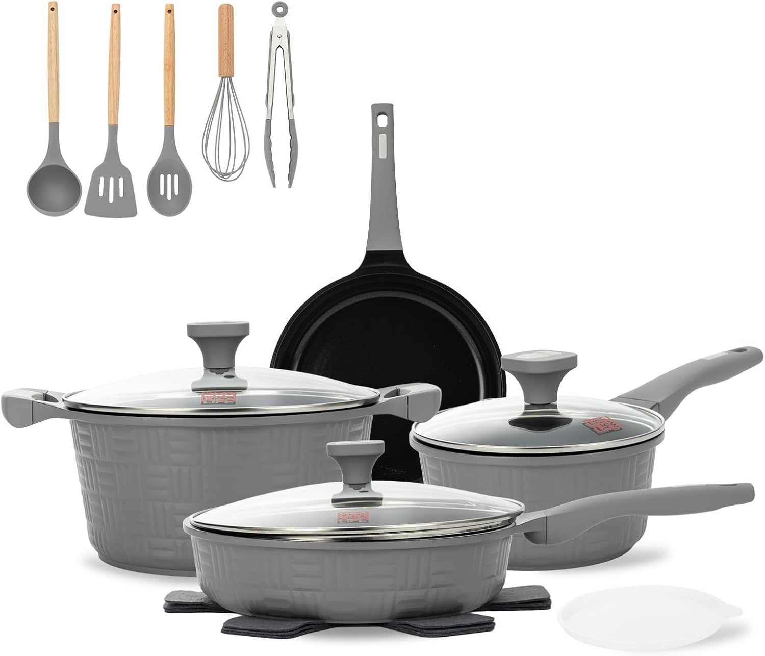 UCCLIFE 15-PCS Pots and Pans Set Non Stick, Induction Cookware Set, Non-toxic Kitchen Cooking Set, Frying Pan, Saucepan Stock Pot Kitchen Utensils Dishwasher Safe, Scratch-resistant (PFAS, PTEF Free) 15 PCS-Gray