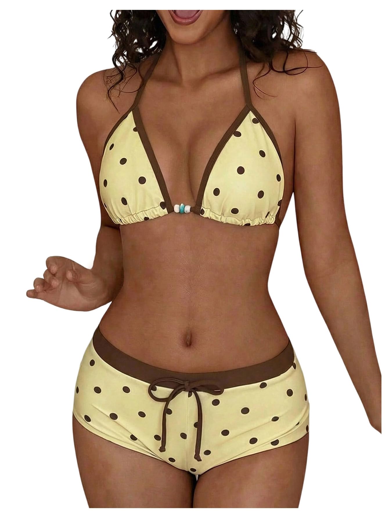 wdirara Women's Polka Dots 2 Piece Swimsuit Triangle Halter Bikini Set Boyshorts Bathing Suit-picture-15