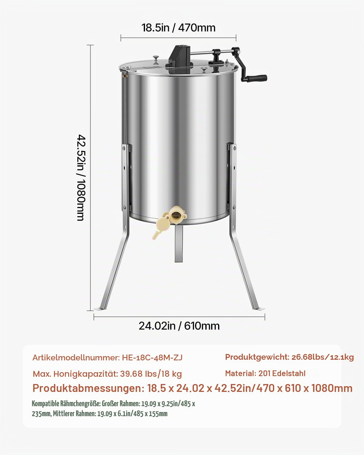 VEVOR Honigschleuder, 4/8 Rahmen, manuelle Tangentialschleuder mit transparentem Deckel, Honigextractor aus Edelstahl mit höhenverstellbarem Ständer, Wabenextraktionsgerät für Bienenzucht