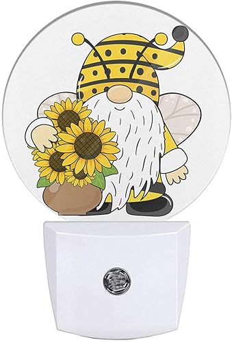Uanvaha Luces nocturnas de gnomo enchufables a la pared, diseño de gnomo de abeja de verano, girasol, amarillo, floral, LED, lámpara de noche del