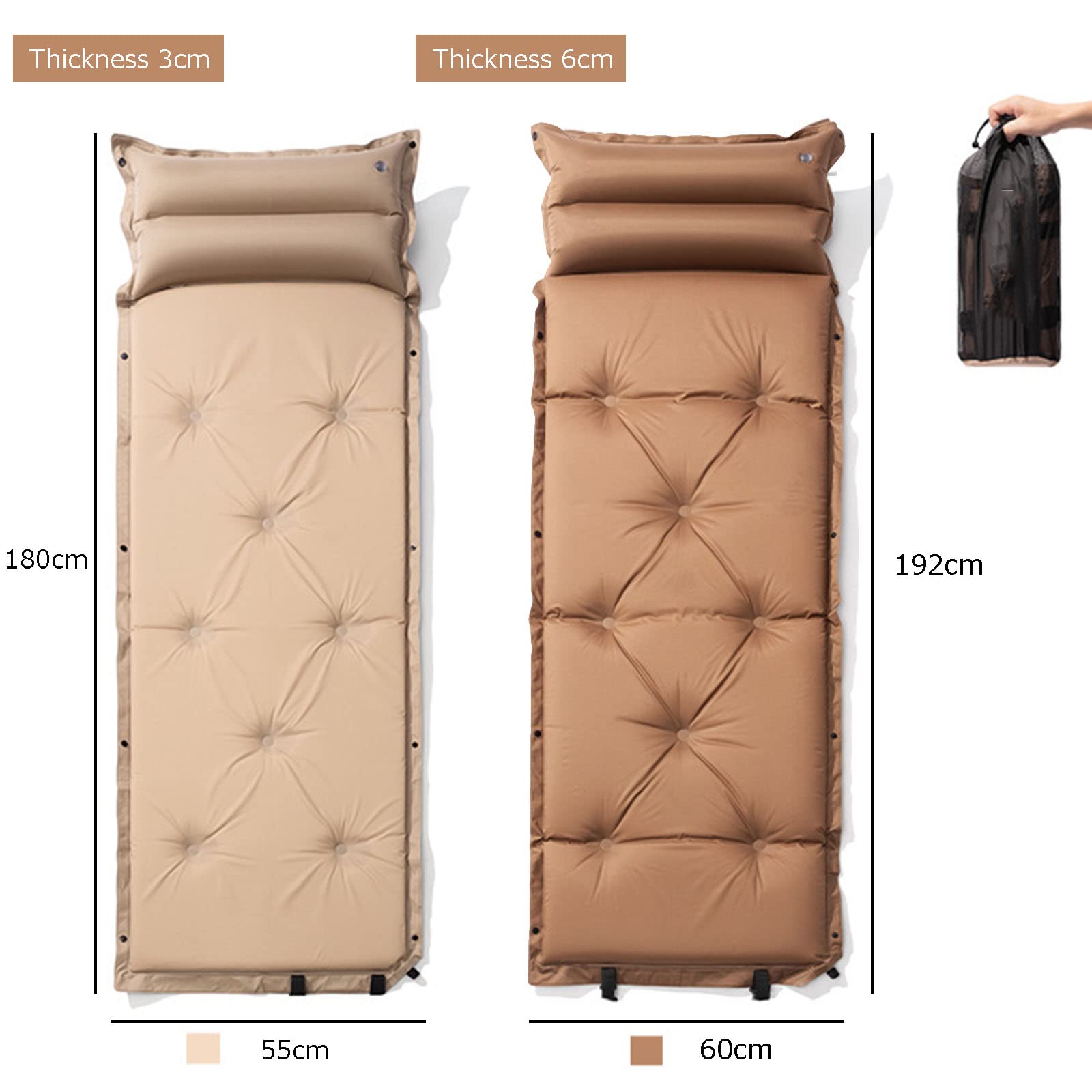 Colchoneta De Dormir Doble Autoinflable para Acampar, Colchoneta De Dormir Conectable De 3/6 Cm De Grosor con Almohada, Colchón De Aire De Campamento Liviano E Impermeable Compacto