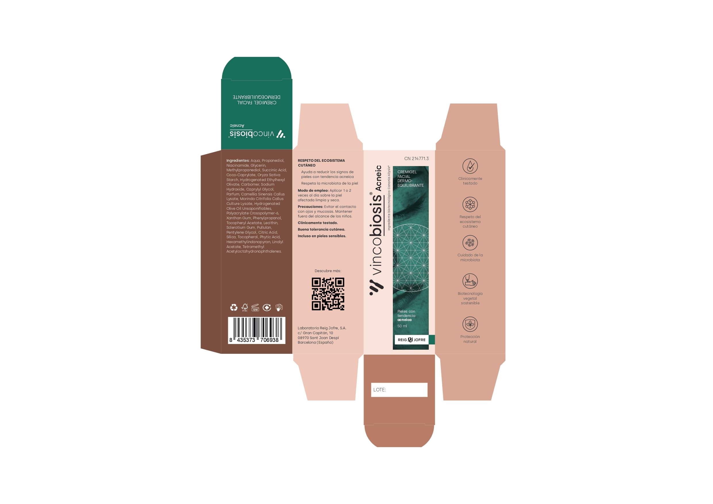 Cremigel facial dermoequilibrante Vincobiosis® Acneic: ayuda a reducir granos, rojeces y otras imperfecciones devolviendo el equilibrio a la piel acneica. Apto para pieles sensibles. 50 ml