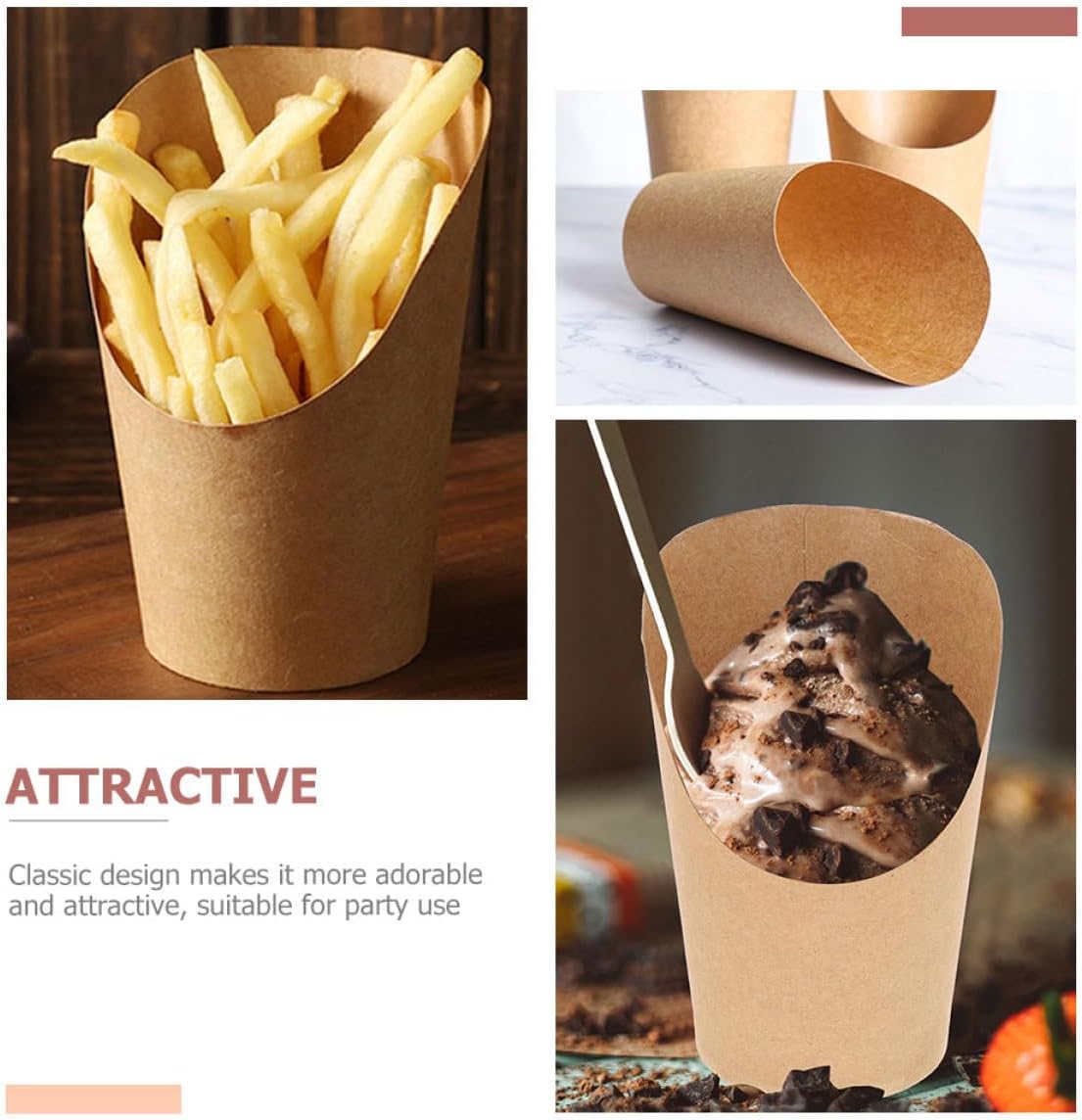 CHILDWEET Disposable Snack Paper Cups 100pcs, Potato Fry Snack Containers, Grease-resistant Kraft Paper Boxes for Party, Baking, Takeout, and Event Supplies