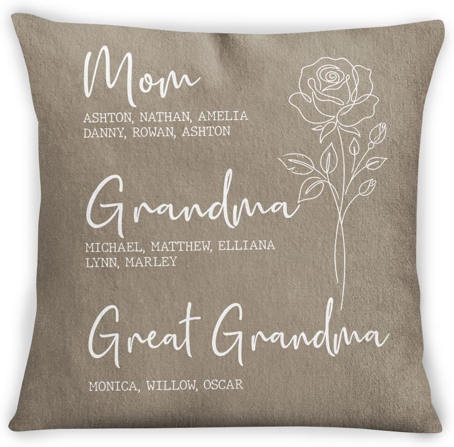 Grandma Gifts, Mom Grandma Generational Rose Art, Custom Family Keepsake, Floral Home Decor, Birth Month Flower Pillow, Gifts for Nana from Grandkids, Sofa Couch Mother's Day