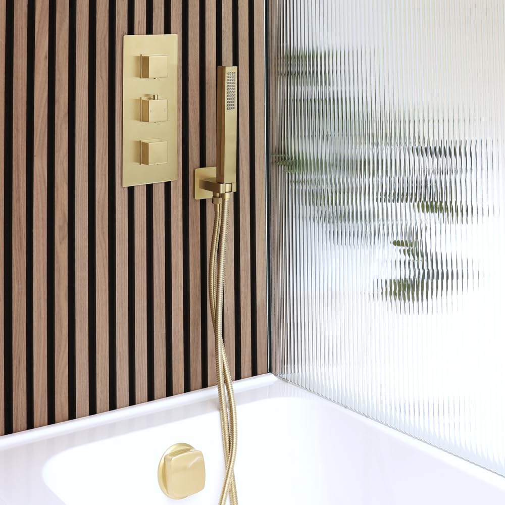 Milano Lyra Thermostatic Mixer Valve Overflow Bath Filler Hand Shower - Brushed Brass