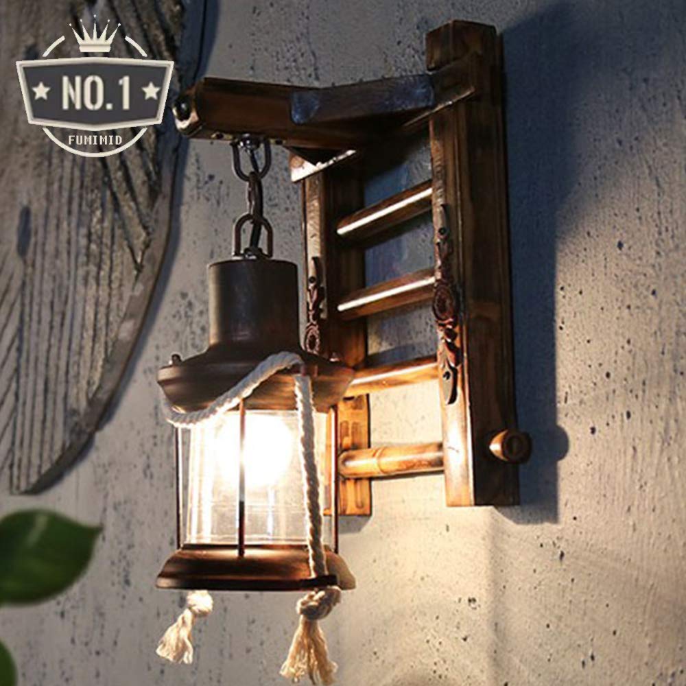 Massivholz Retro Lichter Rustikale Wandleuchte Wohnzimmer Wandlampe Schlafzimmer Wand Kreativ Gang Korridor Bar Cafe Laterne Vintage Glas Holz Treppe Design Wandleuchten Keine Lichtquelle