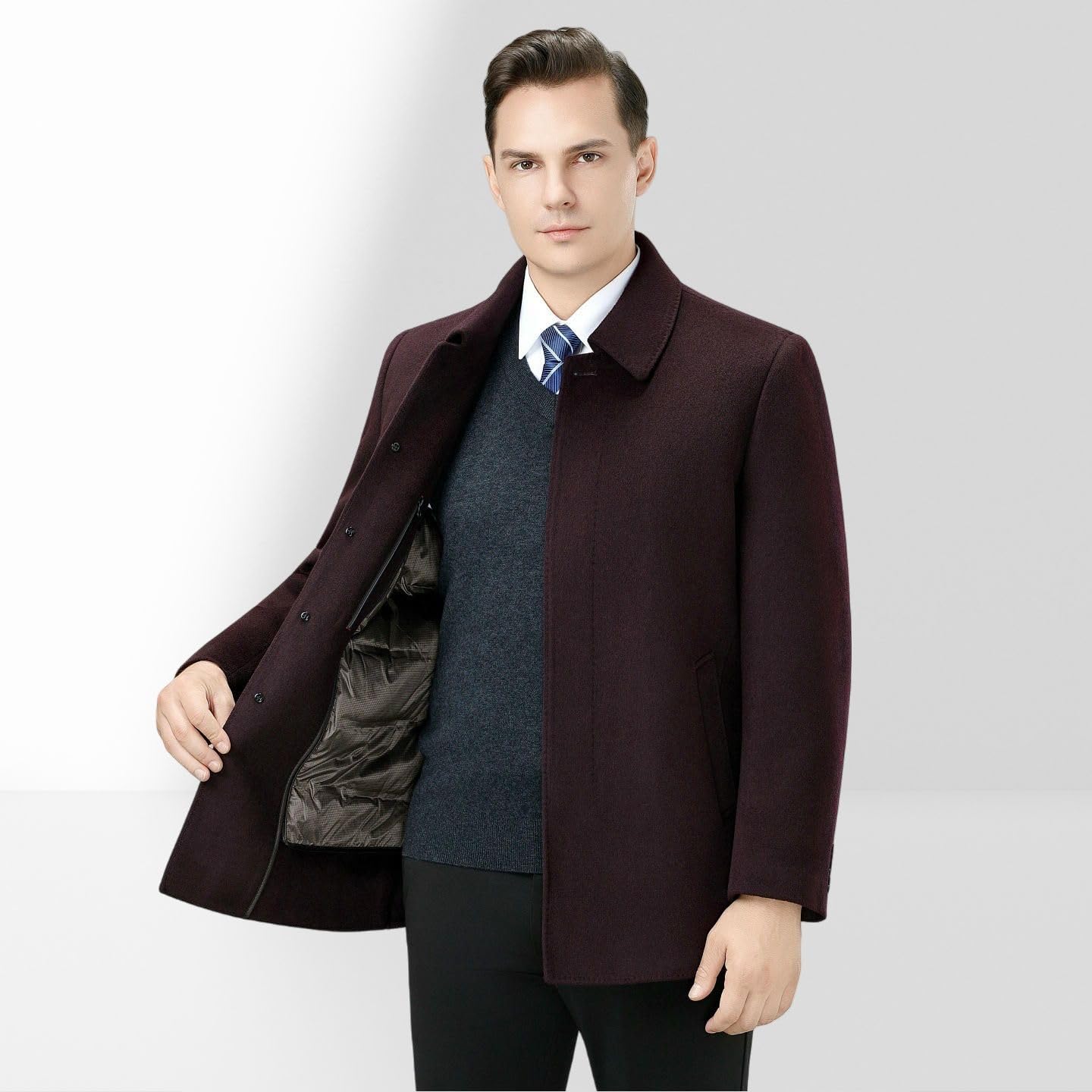 Cappotto da uomo con risvolto in lana double-face autunno inverno fodera rimovibile mezza età