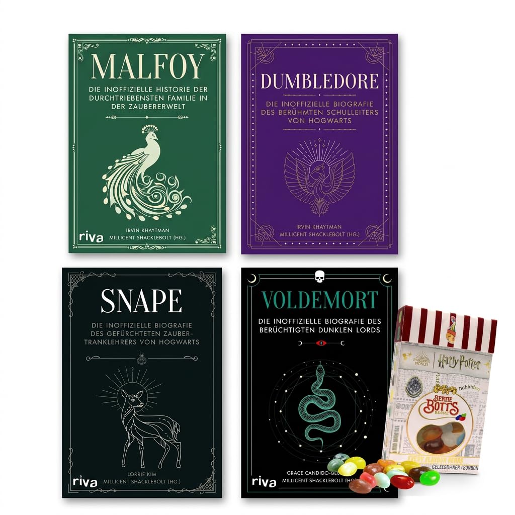 Biografienset für Potter-Fans: Malfoy, Dumbledore, Snape & Voldemort – 4 inoffizielle Biografien, Charakterstudien und Figurenanalysen zur magischen Zauberwelt, exklusiv mit Berti Botts Bohnen (75 g)