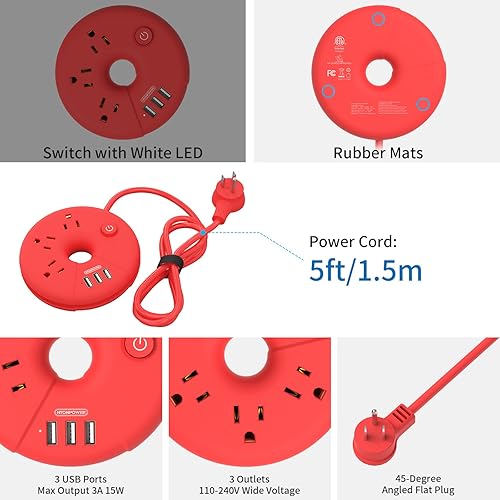 Miniatura 5 de NTONPOWER - Paquete de regletas de alimentación de viaje color rojo con 3 tomas de corriente, 3 USB de 5 pies, cable de extensión de enchufe plano