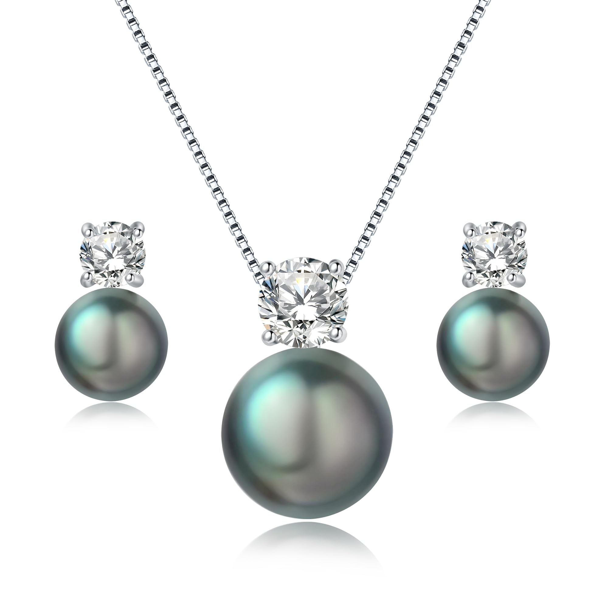 YAMI Perlenkette – Süßwasserperlenkette aus 925 Sterlingsilber, mit passenden Perlenohrringen, 5A-Zirkonia-Perlenanhänger, edles Schlüsselbein-Collier, luxuriöses Geschenk für Damen