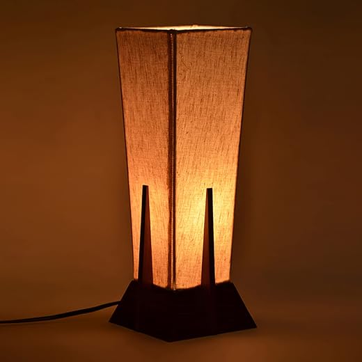 ExclusiveLane Sheesham Wood And Cotton, Polyvinyl Pyramid Table Lamp, Brown And Off White, 1 Lamp (Pack Of 1)
