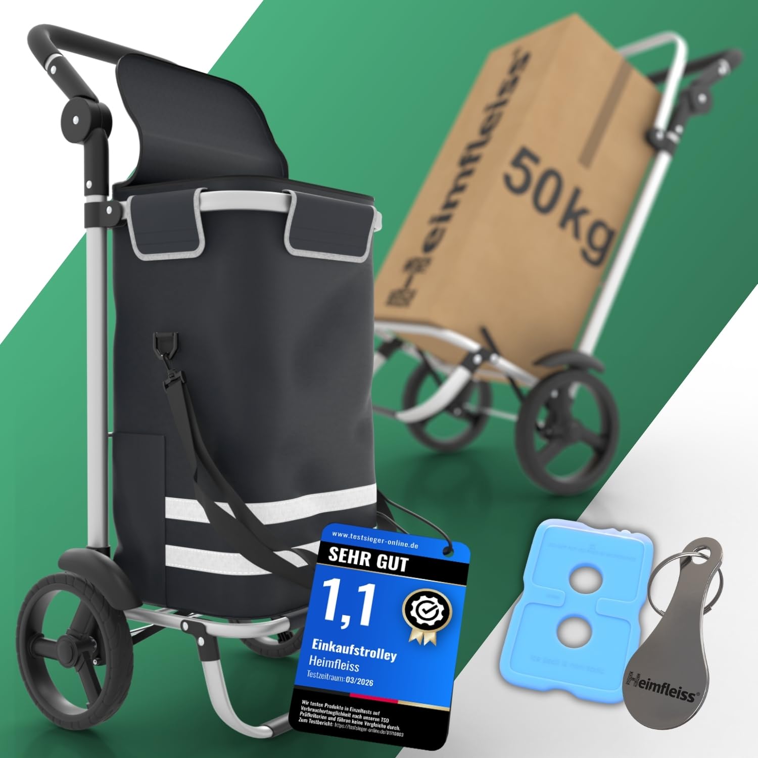 Heimfleiss® Einkaufstrolley klappbar mit 56L Volumen | Einkaufswagen klappbar mit 50kg Traglast | Leichte Einkaufstasche mit Rollen | Hackenporsche Shopping Trolley Groß mit Kühlfach