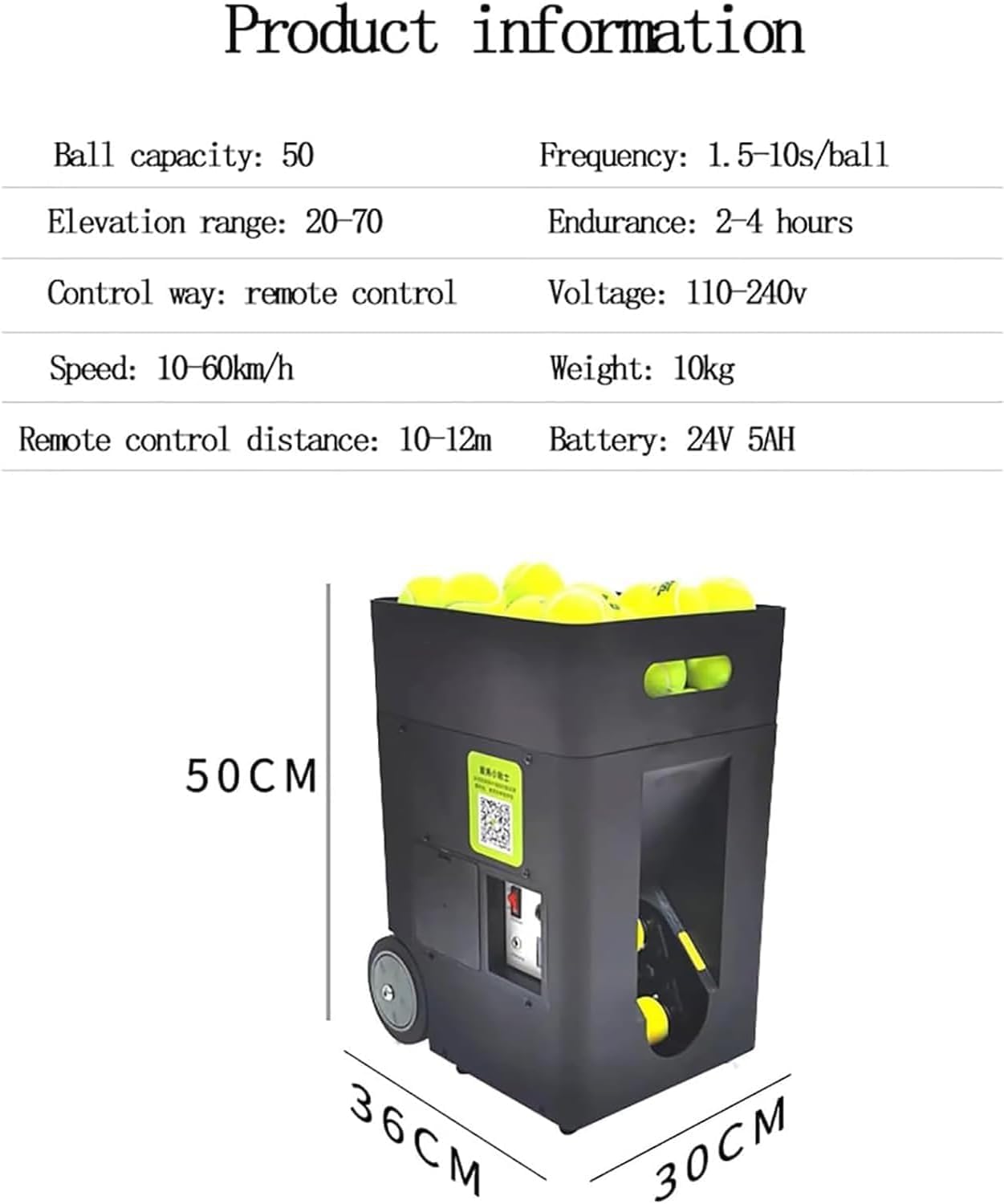 Lanciapalle da tennis portatile, lanciatore automatico da tennis con telecomando, angolo di lancio regolabile, frequenza e velocità di rotazione, grande capacità 50, per principianti che si allenano