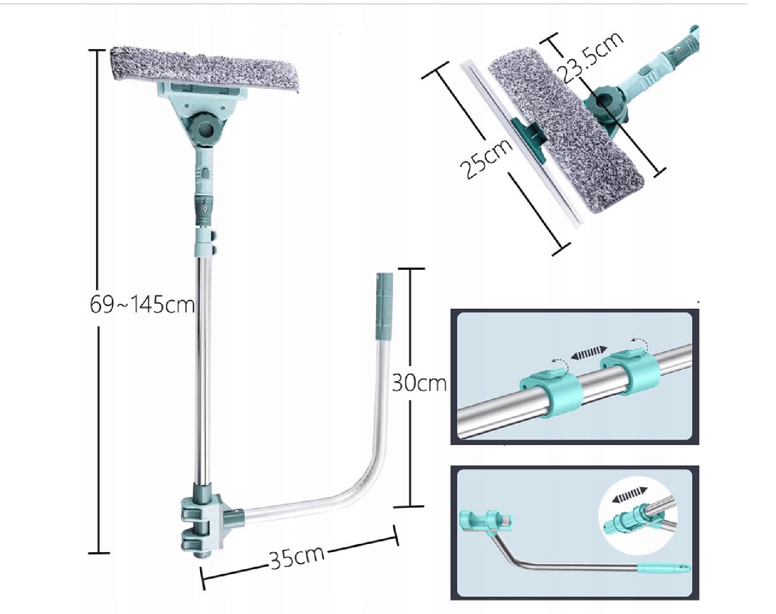 Hooha Aamit - Set di lavavetri con manico estraibile e lavavetri, 145 cm, professionale con testa girevole a 180° e 2 cuscinetti in fibra ultra sottile, adatto per finestre e ambienti esterni