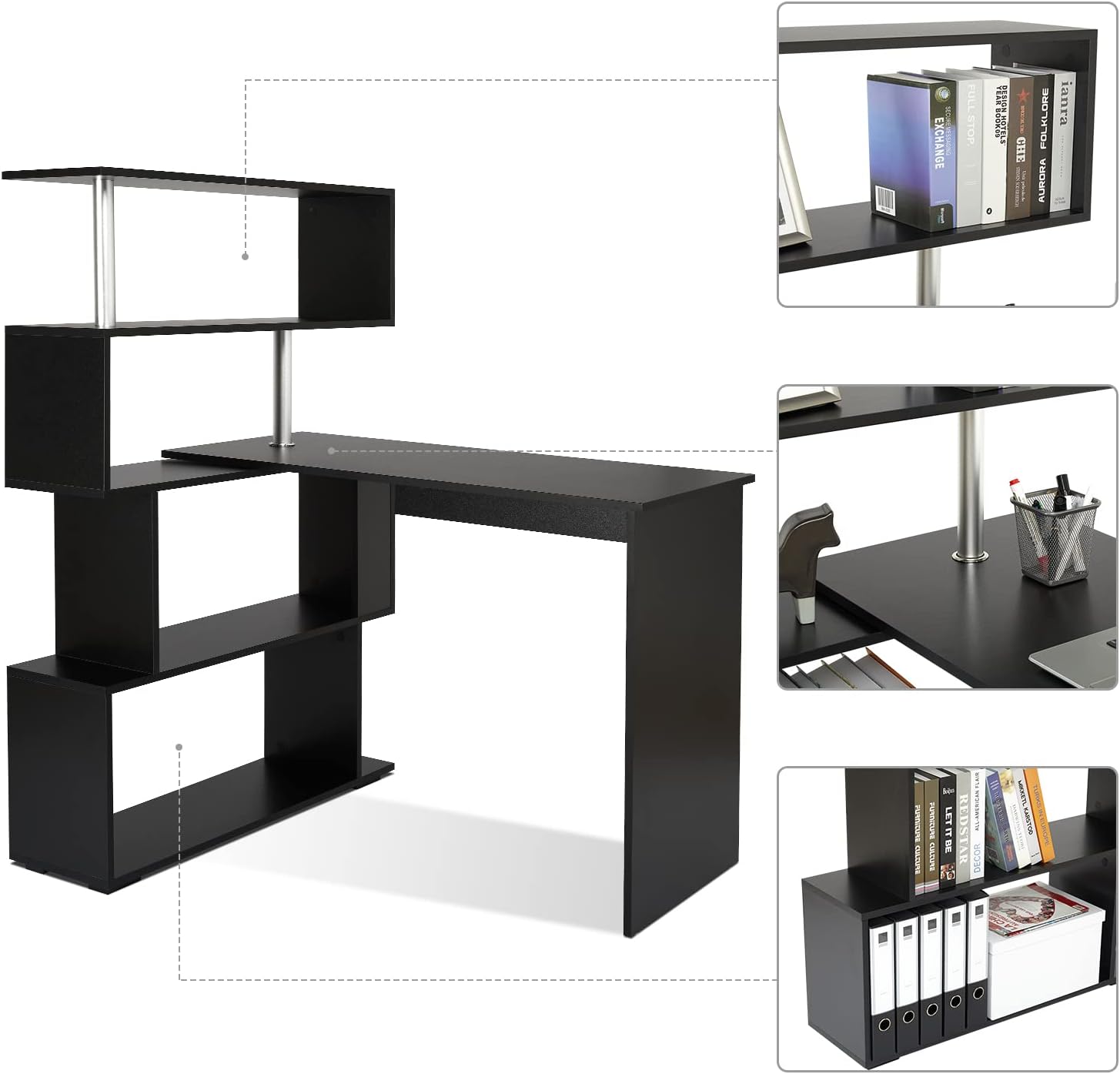 De cerca views of the Mondeer L-shaped desk, highlighting the desktop surface, storage shelves, and the rotating mechanism.