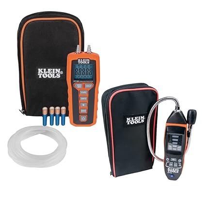 Klein Tools 80142 Gas Leak Detector Kit, Combustible Gas Leak Detector and Digital Manometer HVAC Gas Pressure Tester, Dual-Port, 2-Piece