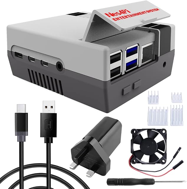 DVOZVO Retro Gaming Nes4Pi Case for Raspberry Pi 4B,Raspberry Pi 4 Case with Quick Charger QC 3.0 Power Supply, cooling Fan, Heatsinks for Raspberry Pi 4 Model B 8GB/4GB/2GB