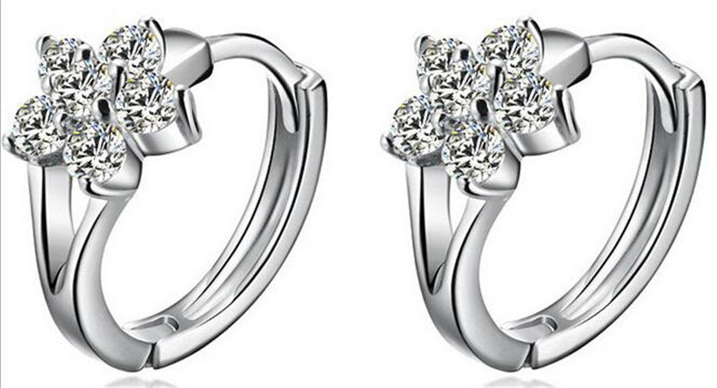 BoowholWomen's Diamond Clip on Earings Hoop Creole Glitter Zircon Flowers Snowflakes 925 Sterling Silver Earrings